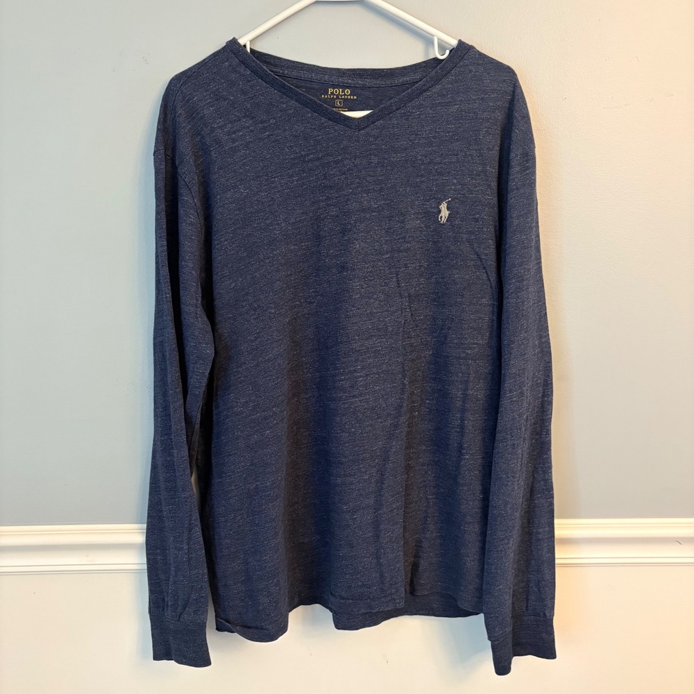 Polo Ralph Lauren Mens Navy Blue Heather Cotton Long Sleeve V-Neck T-Shirt Large